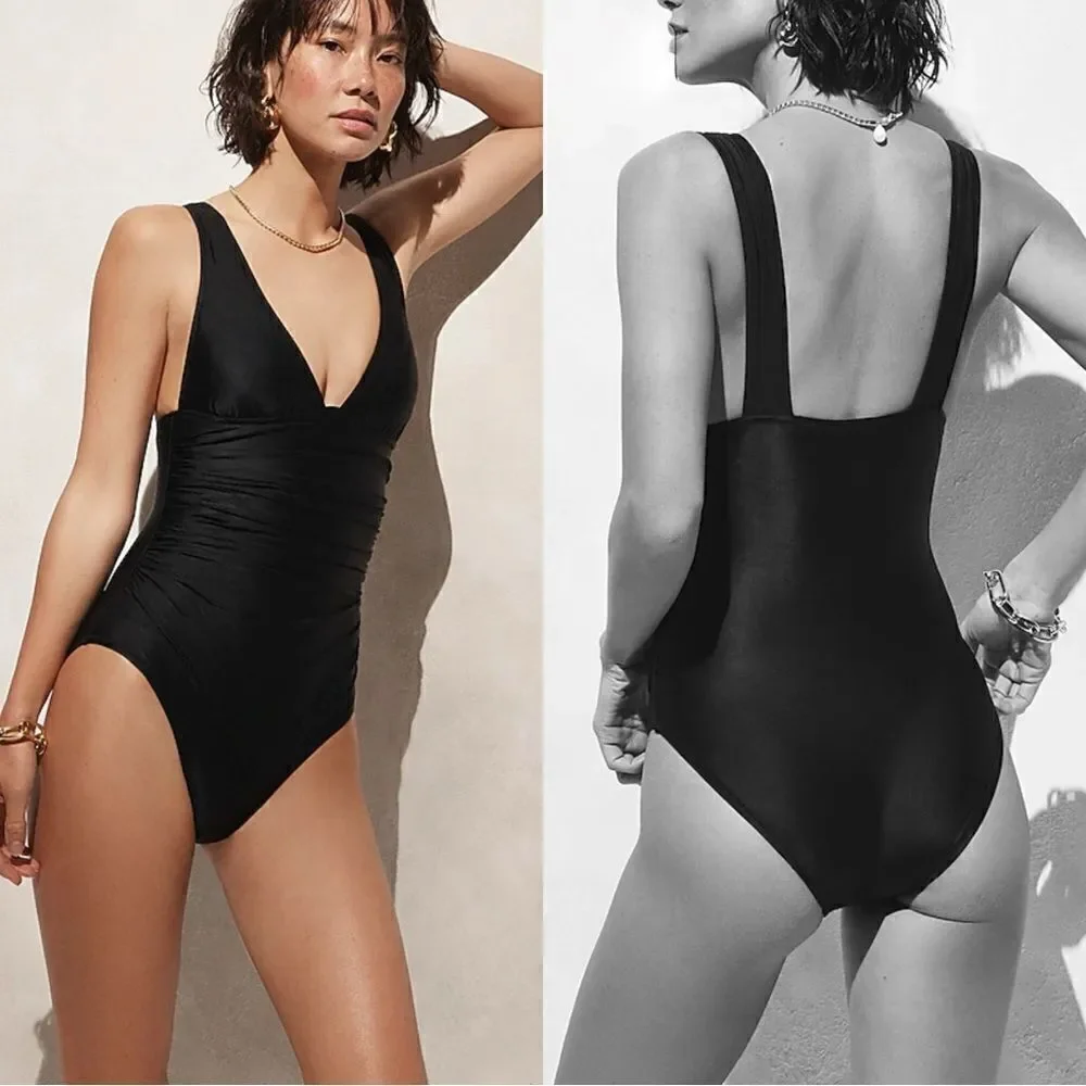 NWT J CREW Ruched V-neck one-piece in black
